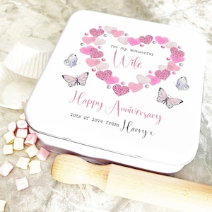 Square Wife Anniversary Pink Heart Butterfly Personalised Treat Tin