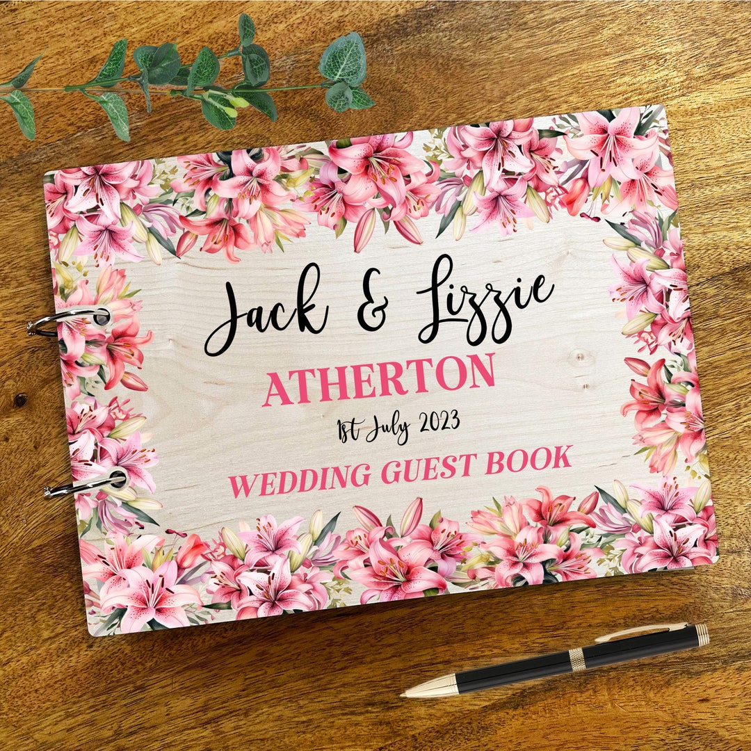 Wood Pink Lily Flower Message Notes Keepsake Wedding Guest Book ...