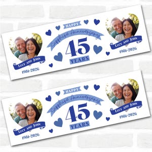 Personlig festbanderoll för 45-års bröllopsdag med safirblått 45-årsfoto | Festdekoration, evenemangsbanderoll. 9,5 x 30 cm | 12,5 x 30 cm | 16,5 x 0,6 cm