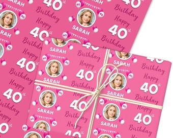 Personalised Wrapping Paper 40th Birthday Photo Pink For Her Custom Gift Wrap | Sheets or Rolls | Customised Personalized Wrapping Paper