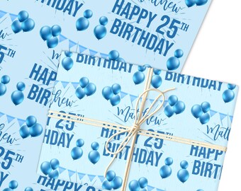 Carta da regalo personalizzata per il 25° compleanno, blu, per lui, carta da regalo personalizzata / fogli o rotoli / carta da regalo personalizzata