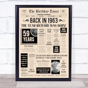 1963 Newspaper Any Age Any Year You Were Born Birthday Facts Personalised Gift Print