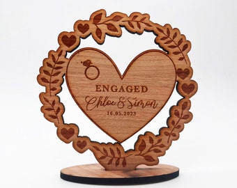 Wood Engagement Floral Heart Engaged Congratulations Keepsake Personalised Gift