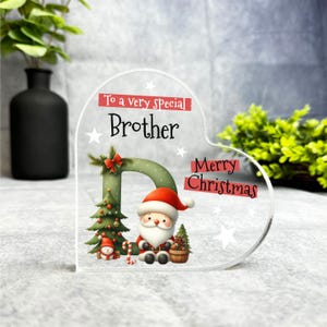 Regalo para Navidad, hermano especial, letra D de Navidad, placa de recuerdo en forma de corazón, regalo de Navidad, recuerdo, abalorio de acrílico
