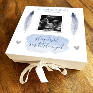 Scatola quadrata per ricordi di memoria per aborto spontaneo con foto di piume blu, memoriale per la perdita di un neonato