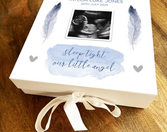 Baby Boy Loss Memorial Blue Feather Photo Miscarriage Square Memory Keepsake Box