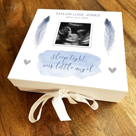 Baby Boy Loss Memorial Blue Feather Photo Miscarriage Square Memory  Keepsake Box