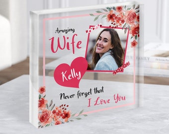 Bloque acrílico cuadrado transparente personalizado con foto floral de acuarela de esposa: regalo personalizado, regalo de recuerdo, regalo personalizado