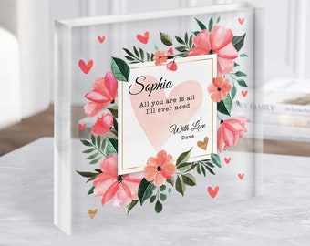 Regalo romantico con cuore floreale ad acquerello Blocco acrilico quadrato trasparente personalizzato - Regalo personalizzato, regalo ricordo, regalo personalizzato