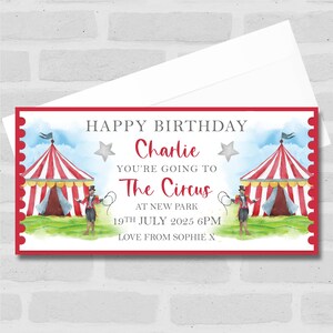 Vale regalo con entrada sorpresa personalizada para ir a la carpa del circo en cualquier ocasión: cupón, revelación sorpresa, vale, entrada, tarjeta