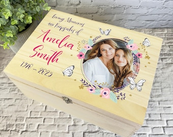 Loving Memory Female Photo Flowers Memorial Personalised Wooden Keepsake Box - Memory Storage Box - Memorial Wooden Memory Boxes