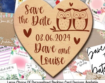 Owls Heart Shape Personalised Wood Wedding Save The Date Magnets & Backing Cards