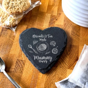 Heart Slate Biscuits Tea Happy Mummy Mother&#39;s Day Gift Personalised Coaster