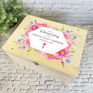 Floral Pink Cross On Your Christening Personalised Wooden Memory Keepsake Box - Memory Storage Box - Christening Wooden Keepsake Boxes