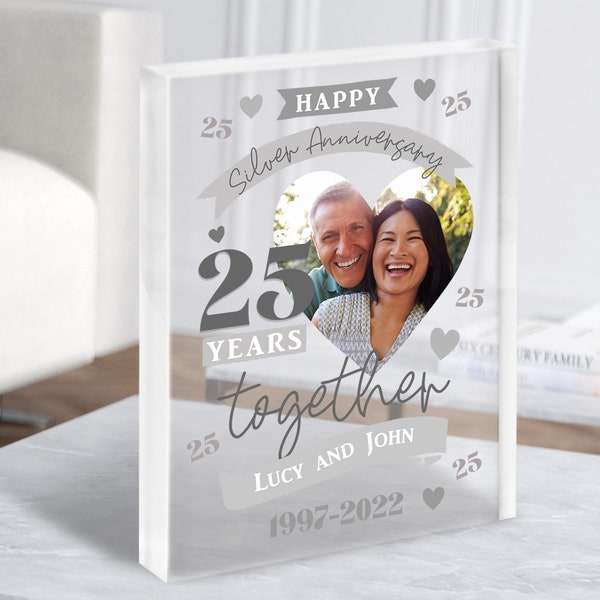 25 Years Together 25th Wedding Anniversary Silver Photo Gift Acrylic Block - Personalised Gift, Keepsake Gift, Custom Gift