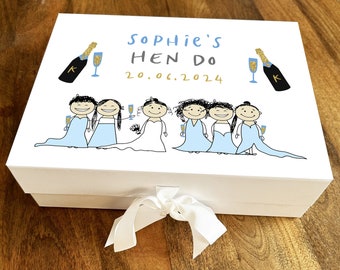 Pode incluir: Caixa de presente branca com uma ilustração azul e branca de damas de honra e uma noiva. A caixa tem uma fita branca e o texto "Sophie's Hen Do 20.06.2024" na tampa.