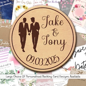 Coppia gay maschile Matrimonio in legno personalizzato Salva la data Magneti e carte di supporto