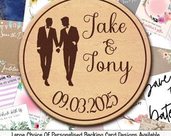 Gay Male Couple Personalised Wood Wedding Save The Date Magnets & Backing Cards