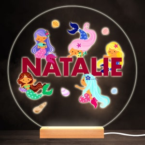 Cute Mermaids Colourful Round Personalised Gift Warm White LED Lamp Night Light | Personalised Gift | Bedroom Lamp | Personalised Light