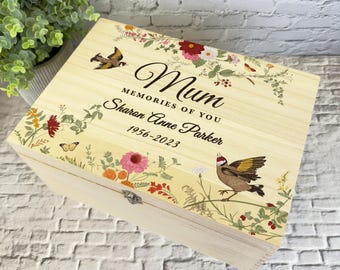 Retro Floral Birds Memories Of You Memorial Personalised Wooden Keepsake Box - Memory Storage Box - Memorial Wooden Memory Boxes