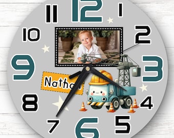 Boys Construction Digger Photo Personalised Gift For Kid's Bedroom Clock | Kids Clock, Children's Bedroom , Custom Clock, Kids Wall Clock