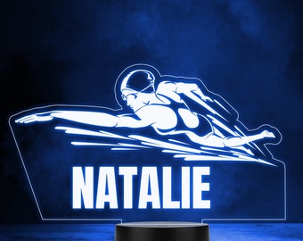 Ventilatore fitness a LED con luce notturna a colori, sagoma di nuotatrice che nuota
