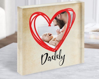 Bloque acrílico Regalo personalizado de Daddy Square con foto de corazón de garabato vintage: regalo personalizado, regalo de recuerdo, regalo personalizado