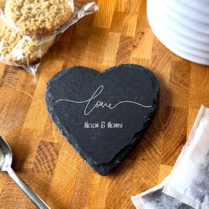 Heart Slate Love Line Art Lettering Valentine&#39;s Day Gift Personalised Coaster