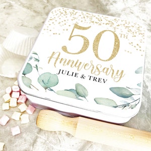 Square 50th Wedding Anniversary Gold Sparkles Personalised Treat Tin