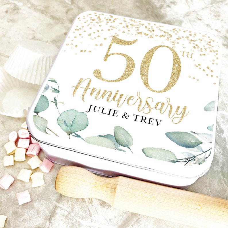 Square 50th Wedding Anniversary Gold Sparkles Personalised Treat Tin image 1