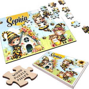 Cute Elf Bee&#39;s Kids Children Gift For Girls Personalised Wooden Jigsaw Puzzle | Personalized Gift, Custom Puzzle, Quality Wood, Fun Gift