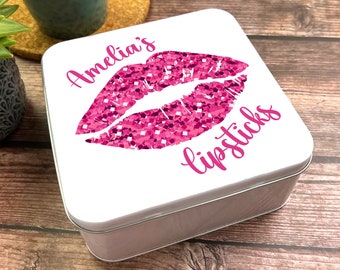 Kwadratowy makijaż Beauty Box Pink Glitter Lips Personalizowana puszka do przechowywania szminek