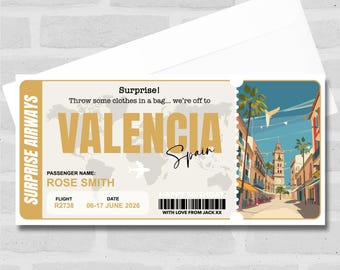 Trip To Valencia Spain Personalised Gift Voucher Surprise Trip Holiday Ticket - Coupon, Surprise Reveal, Voucher, Ticket, Card