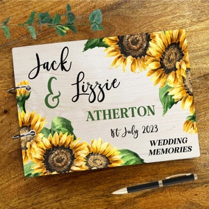 Album photo vintage en bois de tournesols d'angle, souvenir du jour du mariage, livre souvenir de mariage, album photo de scrapbooking,