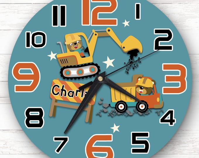 Construction Digger Building Childrens Personalised Gift For Kid's Bedroom Clock | Kids Clock, Children's Bedroom , Custom Clock, Wall Clock