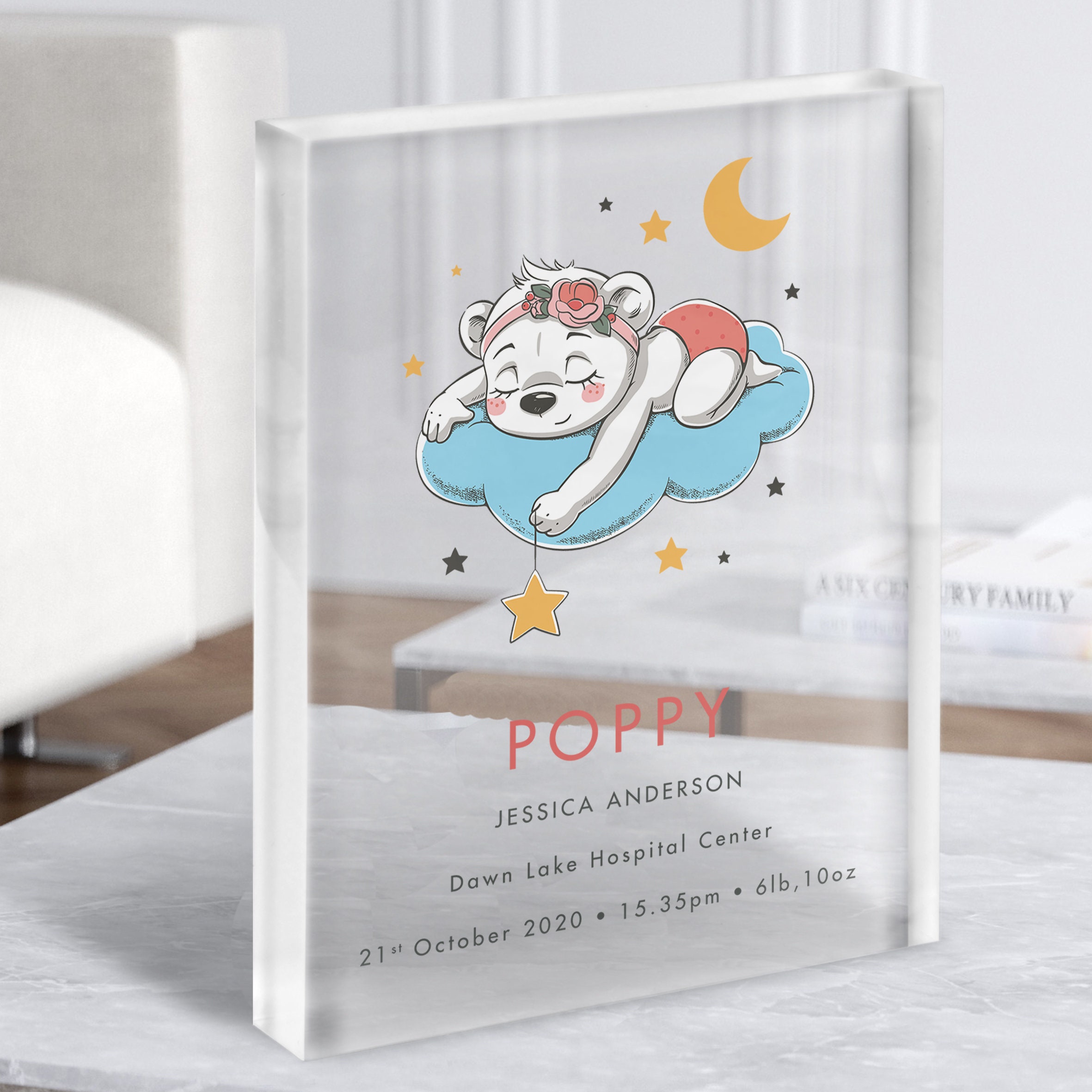 New Baby Birth Details Christening Nursery Bear Cloud Blue Gift Acrylic Block - Personalised Gift, Keepsake Gift, Custom Gift