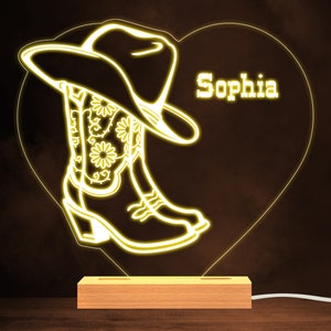 Cowgirl Hat And Boots Western Warm White Lamp Personalised Gift Night Light | Personalised Gift | Bedroom Lamp | Personalised Light