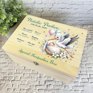 Floral Mariposa Cigüeña Nuevo Bebé Almacenamiento Personalizado Caja de Recuerdos de Memoria de Madera - Caja de Almacenamiento de Memoria - Nuevas Cajas de Recuerdos de Madera para Bebés