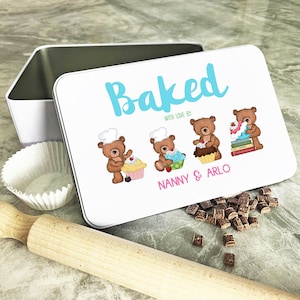 Personalizado al horno con amor osos lindos niñera galleta hornear dulces pastel lata