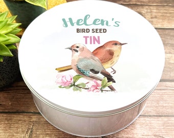 Round Bird Lover Gift Watercolour Birds Design Personalised Seed Storage Tin