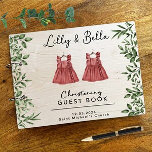 Acuarela gemelas niña trajes rojos mensaje notas recuerdo bautizo libro de visitas / libro de visitas de bautizo personalizado / libro de recuerdos
