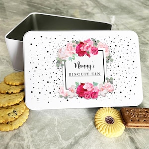 Personalised Black Dots Pink Pretty Roses Nanny&#39;s Cake Treat Sweets Biscuit Tin