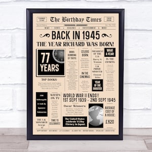 1945 Periódico Cualquier edad Cualquier año en que naciste Datos de cumpleaños Impresión de regalo personalizada