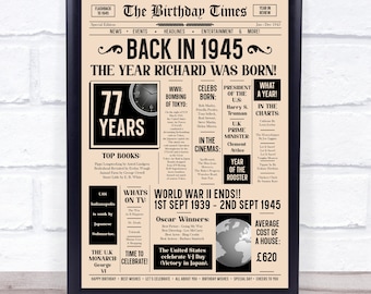 1945 Newspaper Any Age Any Year You Were Born Birthday Facts Personalised Gift Print