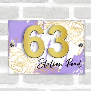 Lavender Gold Rose 3D Acrylic House Address Sign Door Number Plaque