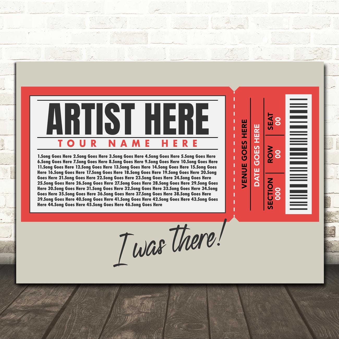 Concert Setlist Poster Print Canvas Red Ticket - Any Artist Date Gig Venue Music Memorabilia Song Music Keepsake Souvenir Art Gift
