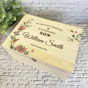 Wonderful Son Memories Vintage Roses Memorial Caja de recuerdos de madera personalizada - Caja de almacenamiento de memoria - Cajas de memoria de madera conmemorativas