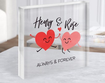 Bloque acrílico cuadrado transparente personalizado con corazones de pareja feliz, regalo romántico, regalo personalizado, regalo de recuerdo, regalo personalizado