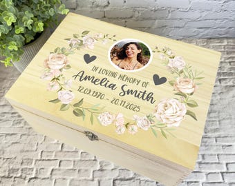 In Loving Memory White Flowers Photo Memorial Personalised Wooden Keepsake Box - Memory Storage Box - Memorial Wooden Memory Boxes