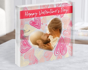 Bloque acrílico cuadrado transparente personalizado con foto de patrón de corazón de San Valentín: regalo personalizado, regalo de recuerdo, regalo personalizado